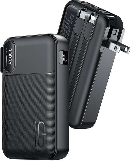 RORRY Portable Charger w/Wall Plug 10000mAh Power Bank 22.5W Battery Pack | Built in Cables, Fast Charging, for iPhone, iPad, Samsung Galaxy, Pixel, LG, Travel Essential, Digital Display, Pocket Size