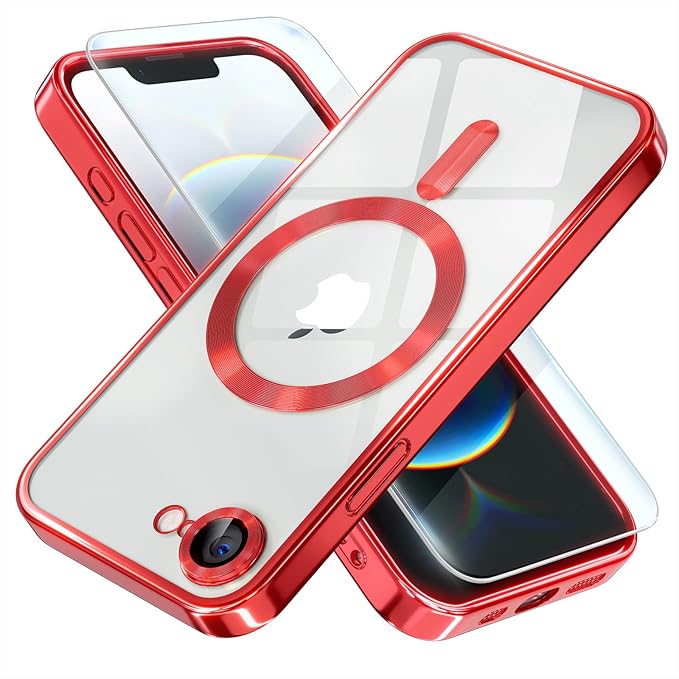 Misea Magnetic for iPhone 17e / 16e Case Compatible with MagSafe [Never Yellowing] [Military Grade Drop Protection] Full Camera Lens Protector Plating Soft Clear Phone Case for Women 6.1 inch, Red