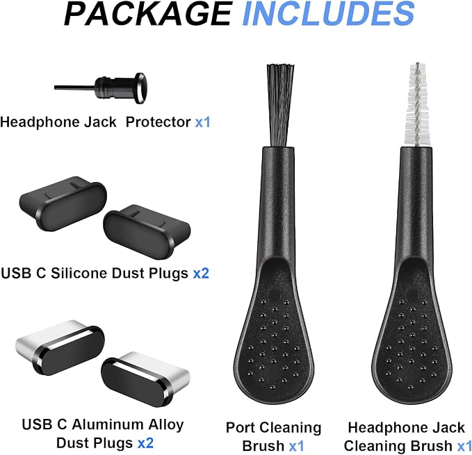 USB C Dust Plug Cover, 4pcs USB C Port Cover Cap Charging Port Cleaner with Cleaning Kits for iPhone 17 16 15 Series, Samsung Galaxy S23/S22/S21/S20 Ultra, Note 20/10 and All Type C Devices