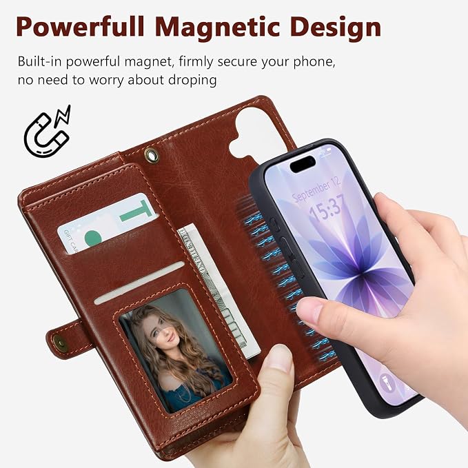 Wallet Case for iPhone 17 with Card Holder/Crossbody Wallet/Strap,[RFID Blocking][Magnetic] PU Leather Phone Case for iPhone 17,6.3 in,Brown