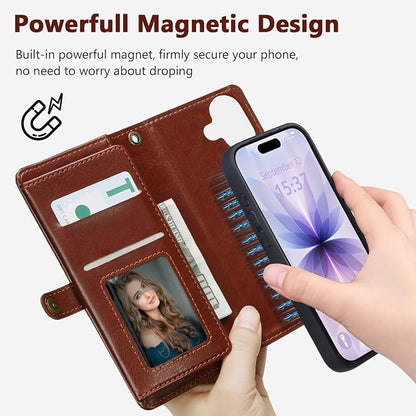 Wallet Case for iPhone 17 with Card Holder/Crossbody Wallet/Strap,[RFID Blocking][Magnetic] PU Leather Phone Case for iPhone 17,6.3 in,Brown