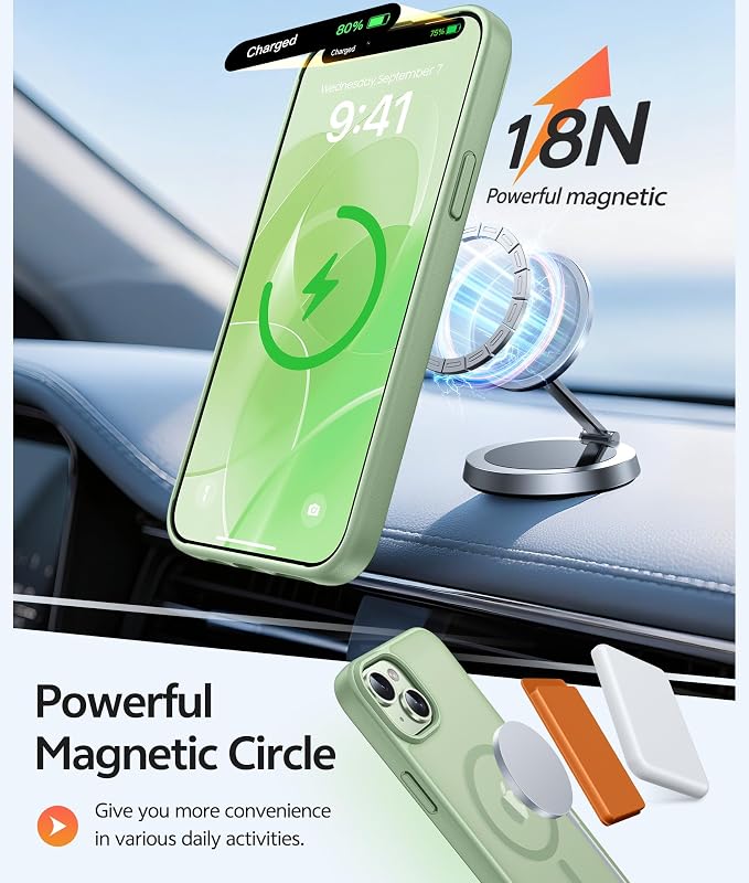 FNTCASE for iPhone 15 Plus Case: for iPhone 14 Plus Case [Compatible with Magsafe] Translucent Matte Cases with [Screen Protector] Military Grade Shockproof Protective Phone Cover - Light Moss