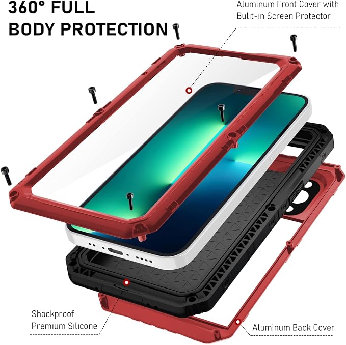 Beasyjoy Waterproof Case for iPhone 13 Pro, Metal Defender Case with Built-in Screen Protector, Military Grade Full Body Rugged Protective Heavy Duty Underwater Phone Case 6.1 Inch, Red