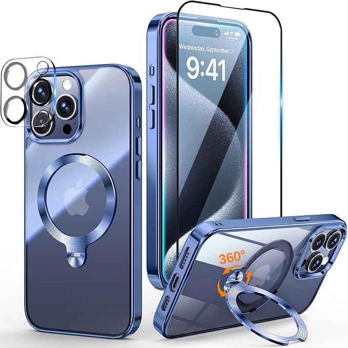 [Tri-Shield Protection] for iPhone 15 Pro Case with 360° Spin Stand Compatible with MagSafe [Magnetic CD Ring] [Screen & Camera Lens Protector] Shockproof Plating Never-Yellowing, Blue-6.1"
