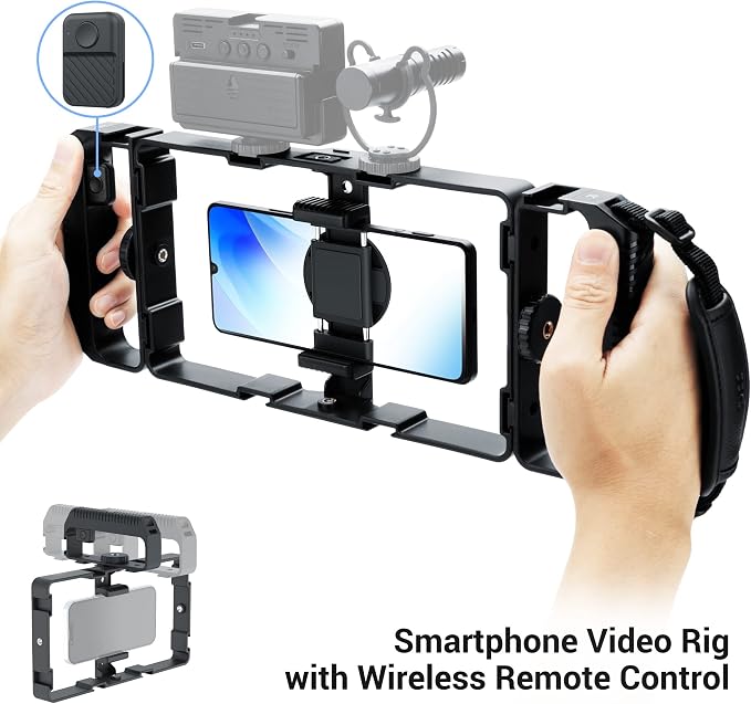 [Wireless Remote] Magnetic Smartphone Video Cage Rig for iPhone 16 15 14 13 12 Pro Max Mini & Magsafe Case,Universal Cell Phone Stabilizer Rig with 6 Cold Shoe Mounts,Phone Cage Rig for Filming