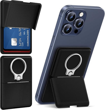 Asstar Magnetic Wallet with Ring, MagSafe Compatible, Adjustable Stand for Apple Wallet, Magnetic Card Holder for iPhone 15/14/13/12, Twill PU Leather, 3 Cards, Black