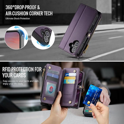 Strapurs for iPhone 16 Plus Detachable Wallet Case Compatible with Magsafe, RFID Blocking 9-Card Holder Zipper Wrist Strap Lanyard PU Leather Magnetic Phone Case for iPhone 16 Plus 6.7", Purple