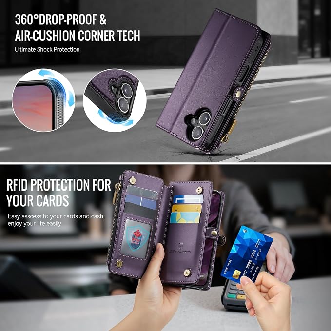 Strapurs for iPhone 17 Detachable Wallet Case Compatible with Magsafe for Women, RFID Blocking 9-Card Holder Zipper Wrist Strap Lanyard PU Leather Magnetic Phone Case for iPhone 17 6.3", Purple