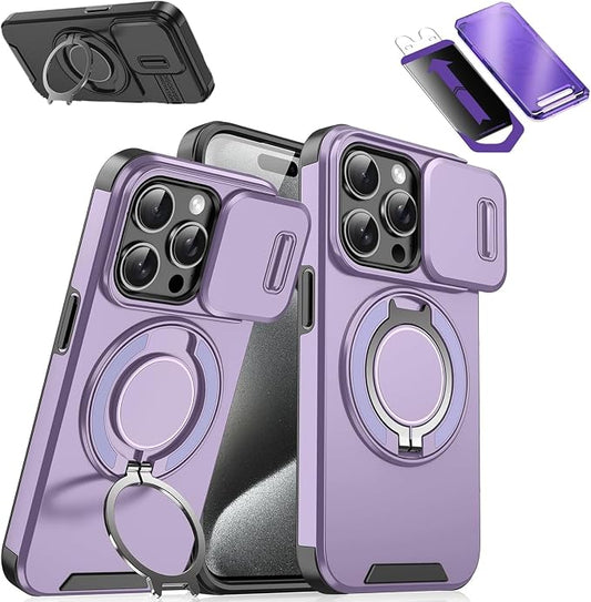 2026 New Case with Slide Camera Cover & 360° Rotatable Ring Kickstand, Free Tempered Glass Screen Protector for iPhone 11-17 Series (13,Purple)