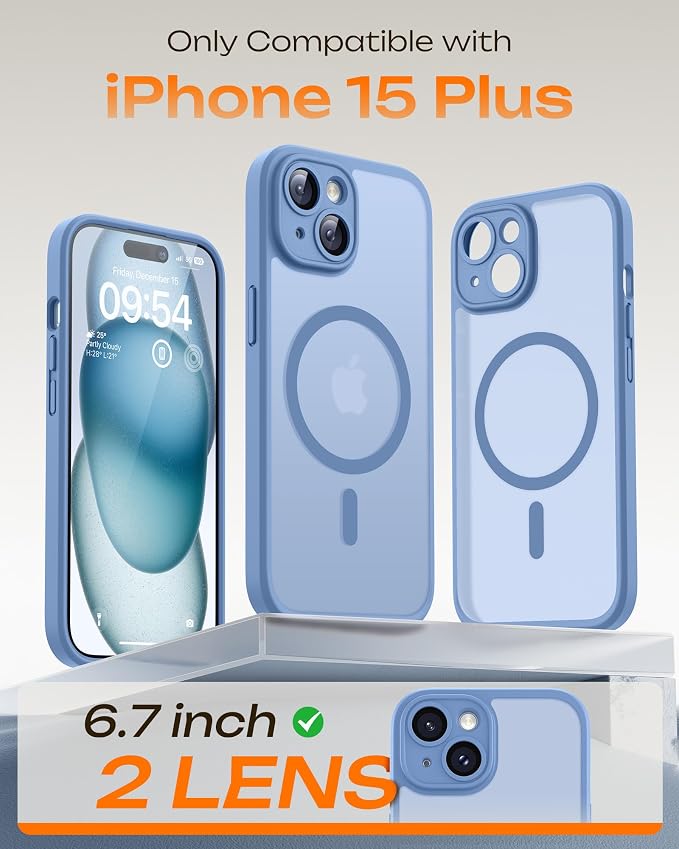 TOCOL Magnetic for iPhone 15 Plus Case, Upgraded Full Camera Protection, Compatible with Magsafe, Drop Protection, Translucent Matte Back Bumper Phone Cover 6.7-Inch (Light Blue)