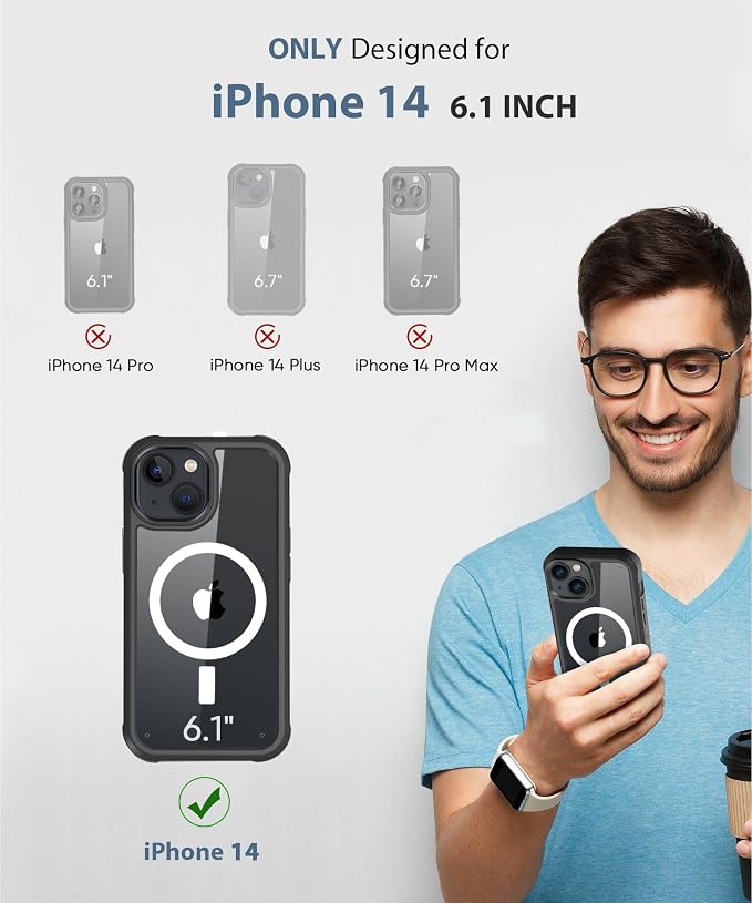 Compatible with iPhone 14 Case, Built-in Screen Protector, with Camera Lens Protector, [Compatible with MagSafe] Full Body Phone Case, Magnetic Protective Cover for 14 6.1" (Black)