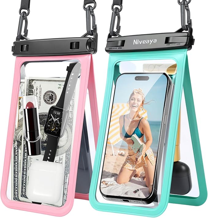 Niveaya Double Space Waterproof Phone Pouch, IPX8 Phone Case with Lanyard for iPhone 17 16 15 Pro Max, Galaxy S25 Ultra, Cellphone Dry Bag for Beach, Cruise Travel Ship Essentials 2 Pack (up to 8.3")