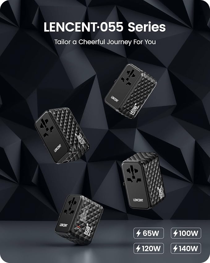 LENCENT 65W Universal Travel Adapter, GaN International Fast Charger | 2 USB-A &2 USB-C Power Plug Converter, Power Outlet Adapter for Phones,Laptops, All in One Travel Essentials for EU/USA/UK/AU