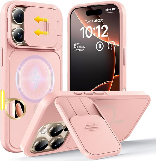 TOCOL for iPhone 16 Pro Max Case with Slide Camera Cover, Kickstand and Camera Control Button, Fit for MagSafe, Rugged Solid Phone Case, Non-Slip, Drop Protection, Pink