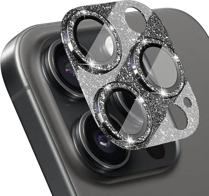 Camera Lens Protector for iPhone 16 Pro/iPhone 16 Pro Max, Glitter Camera Cover with 9H Tempered Glass Metal Ring, Lens Protector for iPhone 16 Pro/16 Pro Max (Glitter- Black)