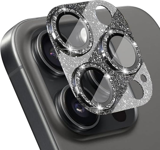Camera Lens Protector for iPhone 16 Pro/iPhone 16 Pro Max, Glitter Camera Cover with 9H Tempered Glass Metal Ring, Lens Protector for iPhone 16 Pro/16 Pro Max (Glitter- Black)