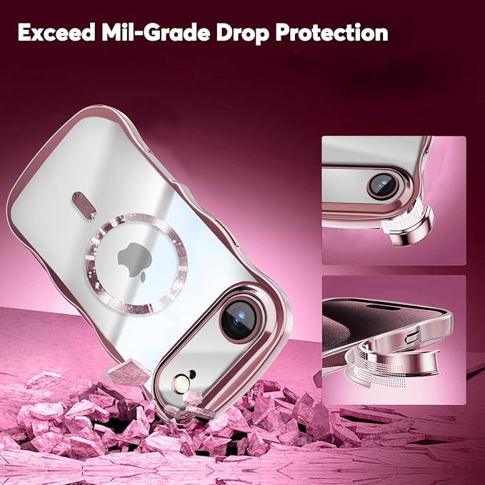 Misscase for iPhone Air Case with Privacy Screen Protector,Compatible with MagSafe,Cute Wave Frame Anti-Scratch Case with Camera Lens Protector Plating Bling Case for iPhone 17 Air Pink
