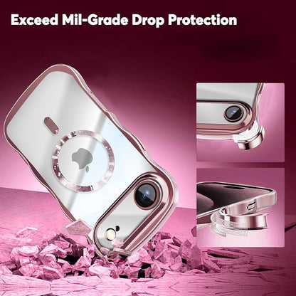Misscase for iPhone Air Case with Privacy Screen Protector,Compatible with MagSafe,Cute Wave Frame Anti-Scratch Case with Camera Lens Protector Plating Bling Case for iPhone 17 Air Pink