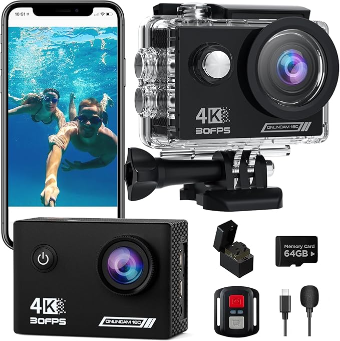 Action Camera 4K30fps with 64G SD Card,HD Waterproof Camera 131ft Underwater Cameras 20MP Pre-recording WiFi Camera 170° Remote Control Sports Cameras with 2 Batteries Helmet Mount Accessories Kits