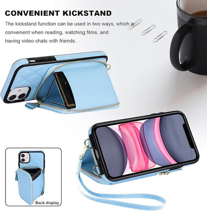 Bocasal Crossbody Wallet Case for iPhone 11, RFID Blocking PU Leather Zipper Handbag Purse Flip Cover, Kickstand Folio Case with Card Slots Holder Wrist Strap Lanyard 6.1 Inch (Blue)