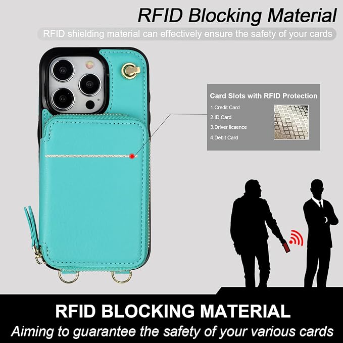 Bocasal Crossbody Wallet Case for iPhone 15 Pro, RFID Blocking Leather Purse Case with Card Holder, Protective Handbag Flip Cover with Zipper Wrist Strap Lanyard for Women 5G 6.1 Inch (Mint Green)