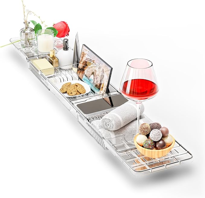 Expandable Acrylic Bathtub Tray for Tub, Bath Caddy Tray Table for Bathtub, Adjustable from 31.5 to 41 inch, Bathtub Rack fits Most Bathtubs and Bathroom Décor, Bath Tub Shelf Accessories for Women