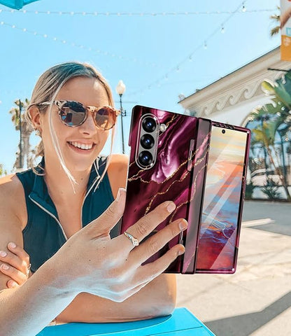 Btscase for Samsung Galaxy Z Fold 6 Case,Built in Front Screen Protector,Gold Glitter Marble Pattern Hard PC Slim Shockproof Full Body Drop Protective Case for Galaxy Z Fold 6 5G, Wine Red