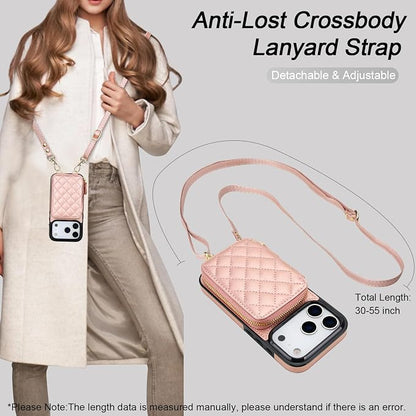 Bocasal Crossbody Wallet Case for iPhone 17 Pro, RFID Blocking PU Leather Zipper Handbag Purse Flip Cover, Kickstand Folio Case with Card Slots Holder Wrist Strap Lanyard 5G 6.3 Inch (Rose Gold)