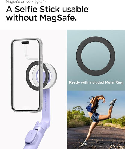 Spigen Selfie Stick Tripod Stand with Bluetooth Remote Control Shutter 24" Extendable Compatible with MagSafe iPhone 17/16/15/14/13/12 Pixelsnap Pixel 10 Series & More - Lavender (S571W)