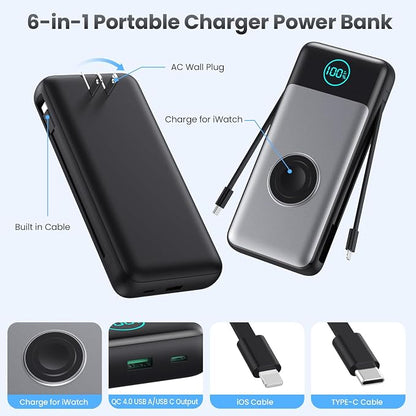 FOCHEW Portable Charger for iPhone with Built-in Cables and AC Wall Plug,26800mah Fast Charging USB C Power Bank,25W PD Travel Essential Battery Pack for iPhone 17/16/15/14/13/12,Galaxy,Apple Watch