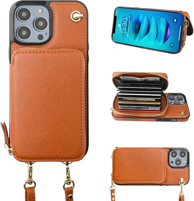 Bocasal Crossbody Wallet Case for iPhone 14 Pro Max, RFID Blocking Leather Purse Case with Card Holder, Protective Handbag Flip Cover with Zipper Wrist Strap Lanyard for Women 5G 6.7 Inch (Brown)