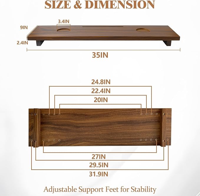 Walnut Bathtub Tray (35"x9"x2.5"), Luxury Bath Tray for Tub | Anti-Tip Adjustable Bathtub Trays for House Warming Gifts