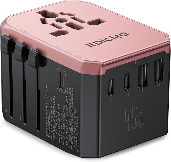 EPICKA Universal Travel Adapter GaN 45W, European Travel Plug Adapter with PD&QC Fast Charging(2 USB-A & 3 USB-C) - Worldwide Travel Essentials, International Power Adapter for UK/US/AU (Rose Gold)