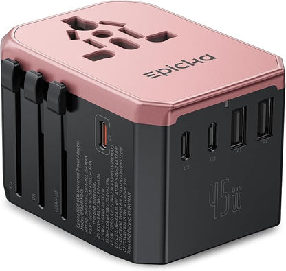 EPICKA Universal Travel Adapter GaN 45W, European Travel Plug Adapter with PD&QC Fast Charging(2 USB-A & 3 USB-C) - Worldwide Travel Essentials, International Power Adapter for UK/US/AU (Rose Gold)