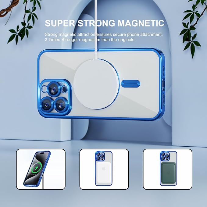 Misea Magnetic for iPhone 16 Pro Max Case Compatible with MagSafe [Never Yellowing] [Military Grade Drop Protection] Full Camera Lens Protector Plating Soft Clear Phone Case for Women 6.9", Deep Blue