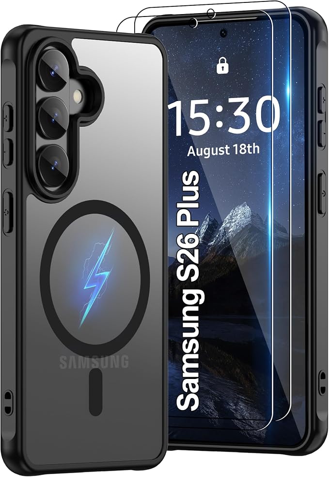 For Samsung Galaxy S26 Plus Phone Case:S26 Plus Case [Compatible with Magsafe] with 2PC HD Screen Protector,Camera Bump Protection,Slim Frosted Translucent Soft-Touch for Galaxy S26 Plus,Matte black