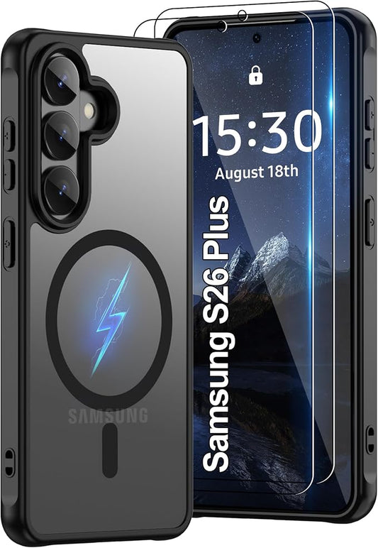 For Samsung Galaxy S26 Plus Phone Case:S26 Plus Case [Compatible with Magsafe] with 2PC HD Screen Protector,Camera Bump Protection,Slim Frosted Translucent Soft-Touch for Galaxy S26 Plus,Matte black