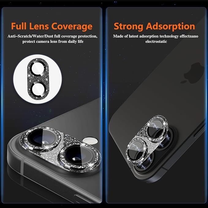 Camera Lens Protector for iPhone 16/iPhone 16 Plus, Bling Glitter Camera Cover with 9H Tempered Glass Metal Ring, Anti-Scratch Lens Protector for iPhone 16/iPhone 16 Plus (Glitter - Black)