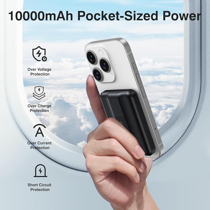AOGUERBE for MagSafe Portable Charger, 10000mAh Magnetic Power Bank 22.5W Fast Charging, Mini Battery Pack Wireless with LED Display&Foldable Stand for iPhone 17/16/15/14/13/12 Series (Obsidian Black)