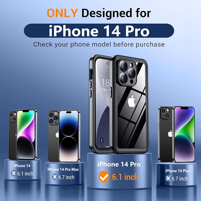 Temdan Magnetic for iPhone 14 Pro Case Waterproof, Built-in Screen Protector[IP68 Underwater][Compatible with MagSafe][Full Body Shockproof][Military Dropproof] Case for iPhone 14 Pro-Black/Clear