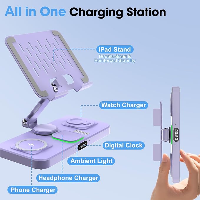 6 in 1 Wireless Charger for Apple Multiple Devices, Charging Station with Clock &7 Color Ambient Light, Foldable Rotate Stand for iPad, for iPhone17/16/15, Support for Apple Watch11/10 for AirPods4