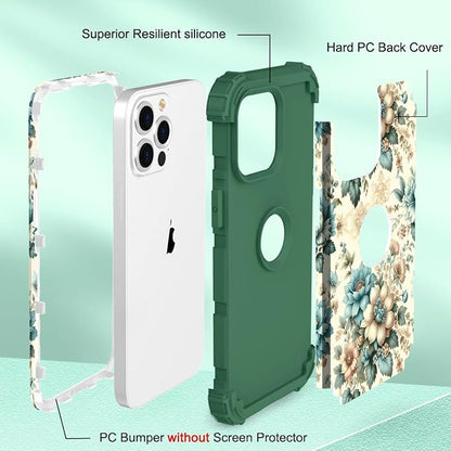 Hocase for iPhone 13 Pro Max Case, Heavy Duty Shockproof Protection Soft Silicone Rubber Bumper+Hard Plastic Hybrid Protective Case for iPhone 13 Pro Max (6.7") 2021 - Teal Blue Flowers