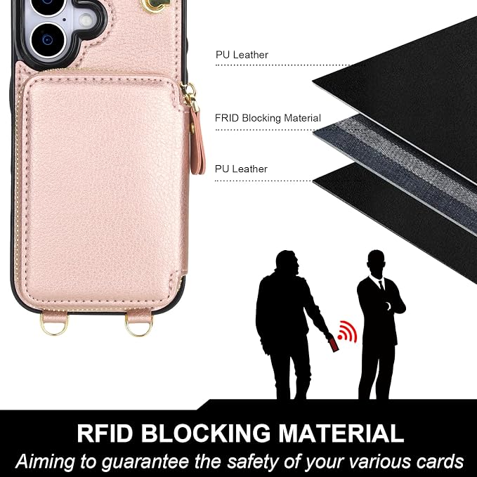 Bocasal for MagSafe Crossbody Wallet Case Compatible with iPhone 17, RFID Blocking Protective Purse Case with Card Slots Holder Kickstand Wrist Strap Lanyard Zipper 6.3 Inch 5G (Rose Gold)