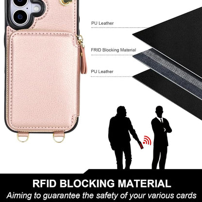 Bocasal for MagSafe Crossbody Wallet Case Compatible with iPhone 17, RFID Blocking Protective Purse Case with Card Slots Holder Kickstand Wrist Strap Lanyard Zipper 6.3 Inch 5G (Rose Gold)