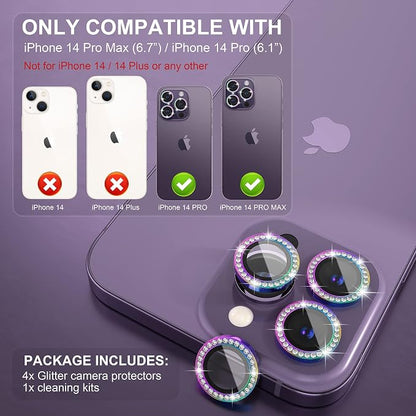 Choiche Compatible for iPhone 14 Pro/iPhone 14 Pro Max Camera Lens Protector Bling, 9H Tempered Glass Camera Cover Screen Protector Metal Ring Decoration Accessories (Diamond-Colorful)