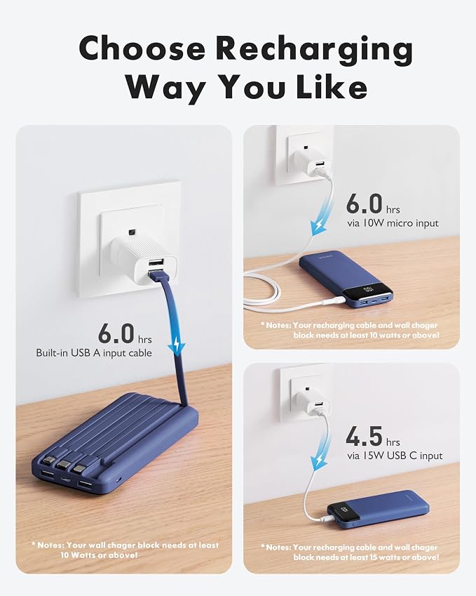 charmast 10000mAh Portable Charger,Built-in 4 Cables,6 Outputs/3 Inputs,3A Fast Charging,Compatible with iPhone,iPad,Samsung,Pixel,LG