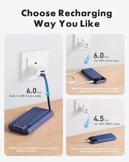 charmast 10000mAh Portable Charger,Built-in 4 Cables,6 Outputs/3 Inputs,3A Fast Charging,Compatible with iPhone,iPad,Samsung,Pixel,LG