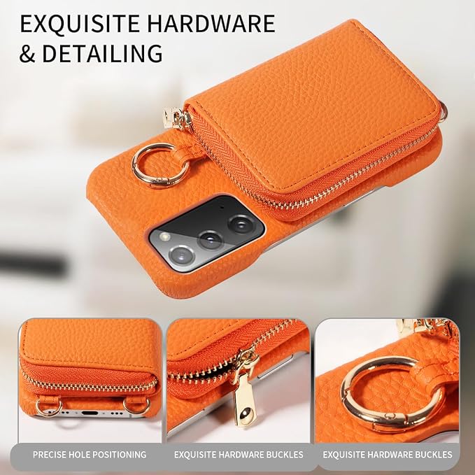 Wallet Case for Samsung Galaxy Note 20 5G with Shoulder Strap Ring Buckle, PU Leather Flip Organ Purse, Card Holder Stand Phone Cover for Note20 Notes 20s Twenty Not S20 Women Men Orange