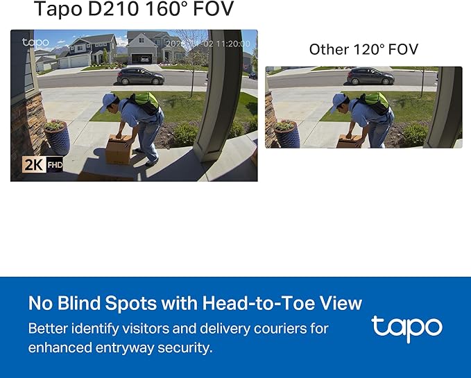 Tapo 2K Wireless Smart Video Doorbell with Chime - 160° Ultra-Wide View,Person Detection, Ring Call, 2-Way Audio, Subscription-Free Local Storage/Optional Cloud, Motion Only Alert, D210