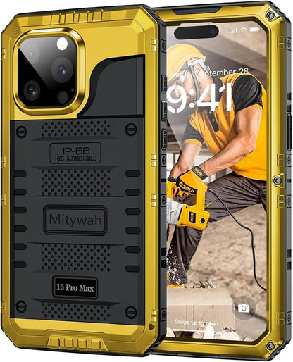Mitywah Wateproof Case for iPhone 15 Pro Max, Military Grade Shockproof Cover for Outdoor Workers, Heavy Duty Metal Full Body Phone Case with Built-in Screen Protector, 6.7", Yellow